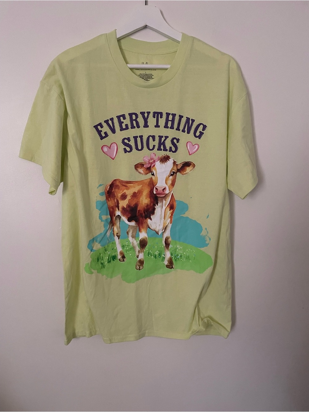 Light Lime Green Graphic Tee - 'Everything Sucks' Cow Design